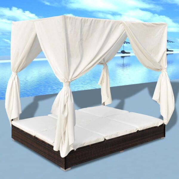 HomeDiscount-Outdoor Lounge Bed with Curtains Poly Rattan Brown