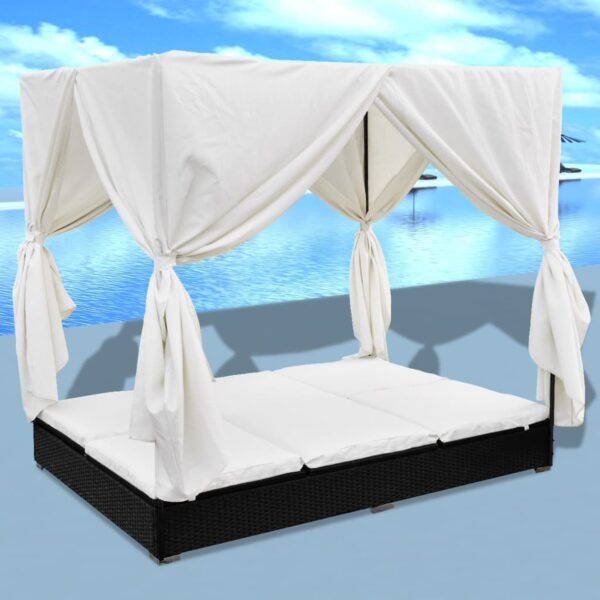 HomeDiscount-Outdoor Lounge Bed with Curtains Poly Rattan Black