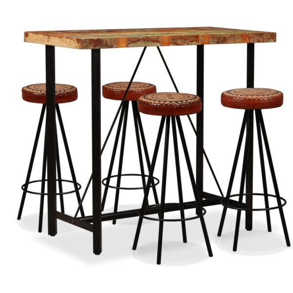 HomeDiscount-Bar Set 5 Pieces Solid Wood Reclaimed. Genuine Leather & Canvas