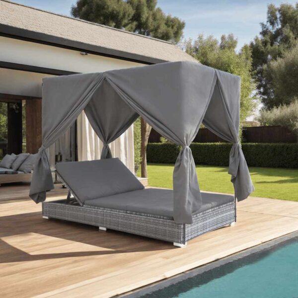 HomeDiscount-Outdoor Lounge Bed with Curtains Poly Rattan Grey