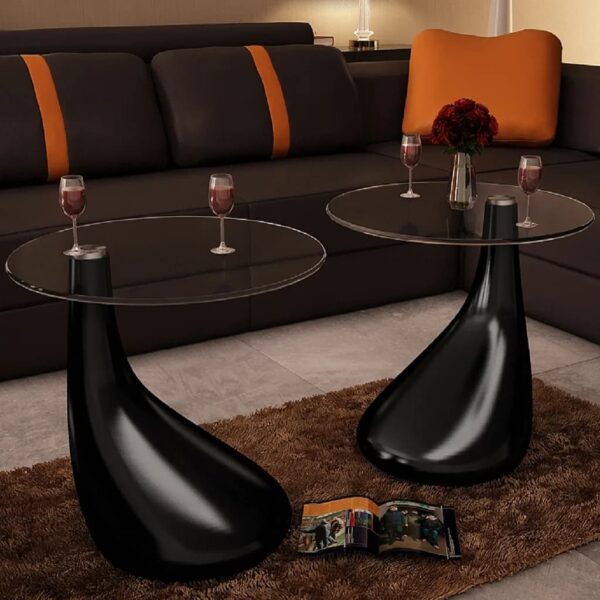 HomeDiscount-Coffee Table 2 pcs with Round Glass Top High Gloss Black