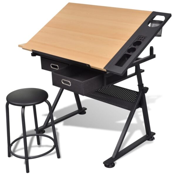 HomeDiscount-Two Drawers Tiltable Tabletop Drawing Table with Stool