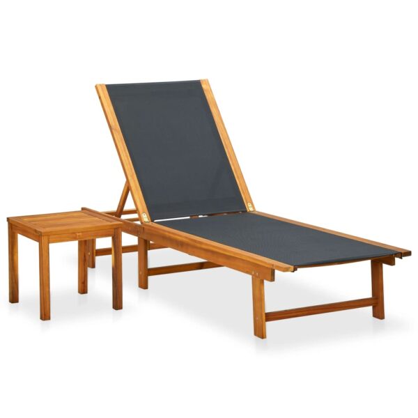 HomeDiscount-Sun Lounger with Table Solid Acacia Wood and Textilene