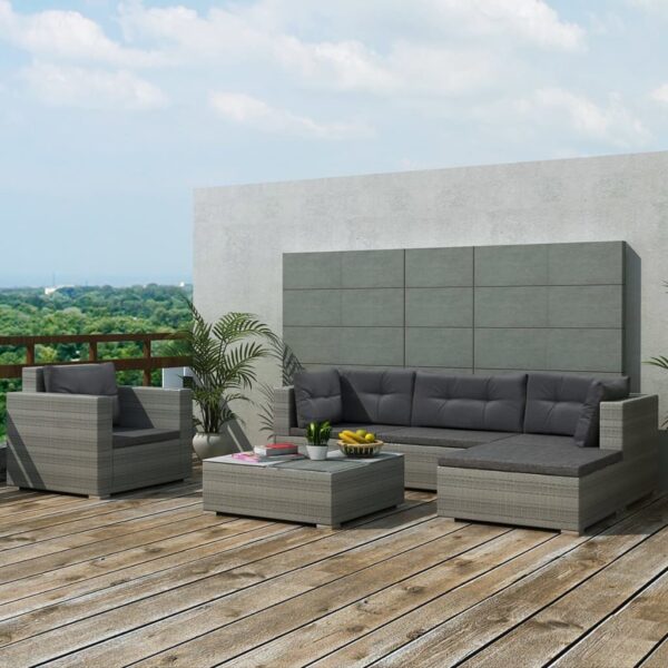 HomeDiscount-6 Piece Garden Lounge Set with Cushions Poly Rattan Grey