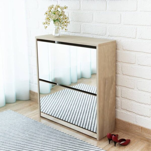 HomeDiscount-Shoe Cabinet 2-Layer Mirror Oak 63x17x67 cm