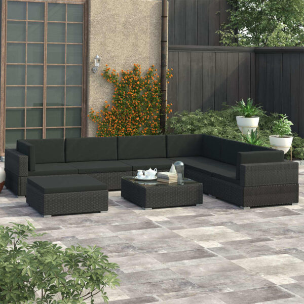 HomeDiscount-8 Piece Garden Lounge Set with Cushions Poly Rattan Black