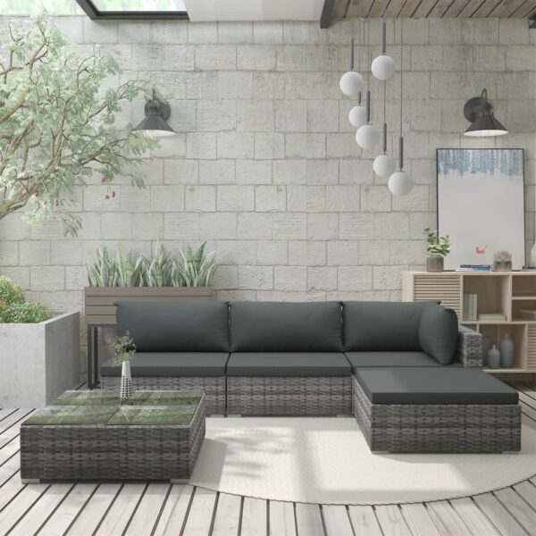 HomeDiscount-5 Piece Garden Lounge Set with Cushions Poly Rattan Grey