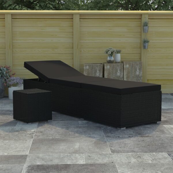 HomeDiscount-Sun Lounger with Cushion and Tea Table Poly Rattan Black