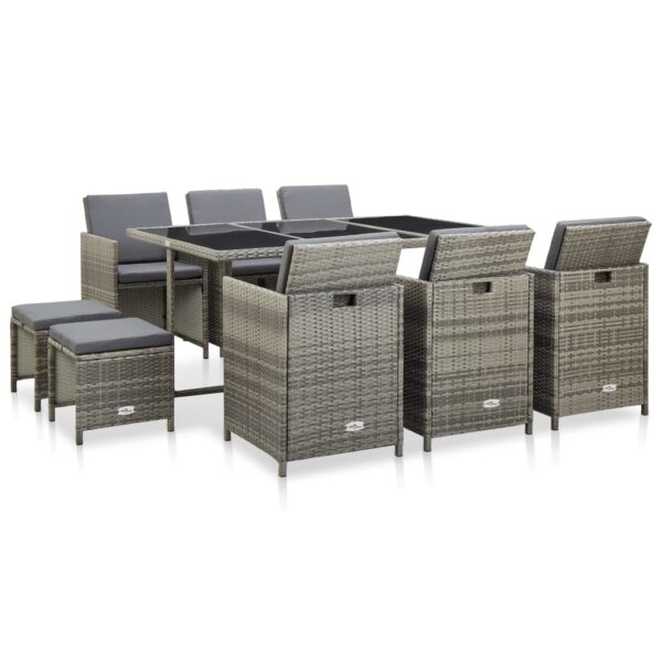 HomeDiscount-11 Piece Outdoor Dining Set with Cushions Poly Rattan Grey