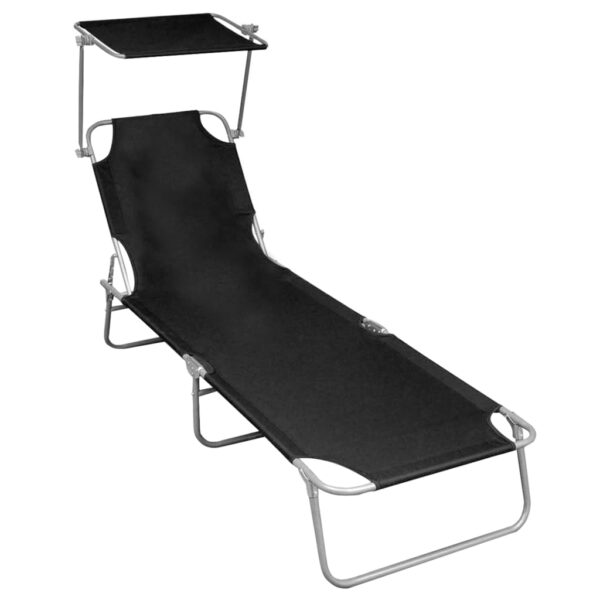 HomeDiscount-Folding Sun Lounger with Canopy Black Aluminium