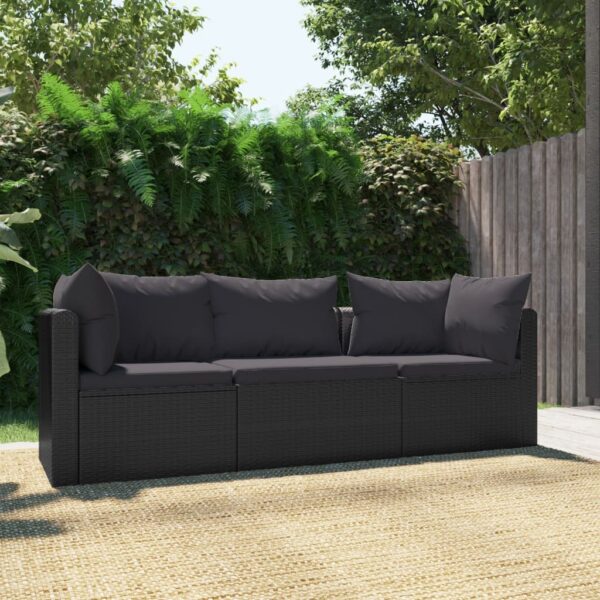 HomeDiscount-3 Piece Garden Sofa Set with Cushions Poly Rattan Black