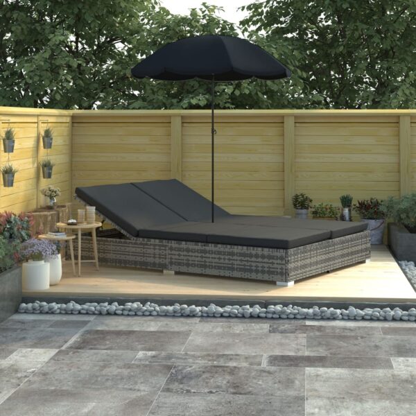 HomeDiscount-Outdoor Lounge Bed with Umbrella Poly Rattan Grey