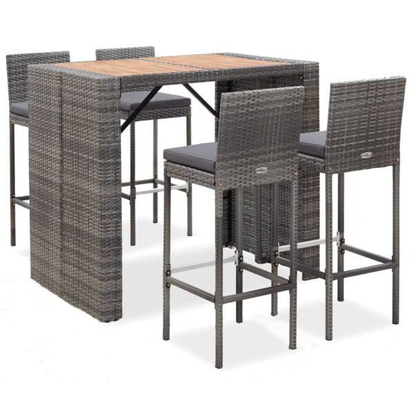 HomeDiscount-5 Piece Outdoor Bar Set Poly Rattan and Acacia Wood Grey