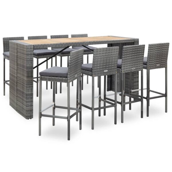 HomeDiscount-9 Piece Outdoor Bar Set Poly Rattan and Acacia Wood Grey