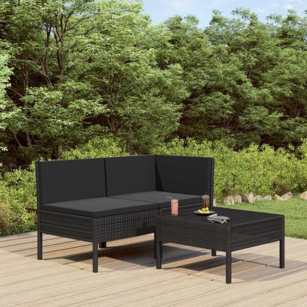 HomeDiscount-3 Piece Garden Lounge Set with Cushions Poly Rattan Black