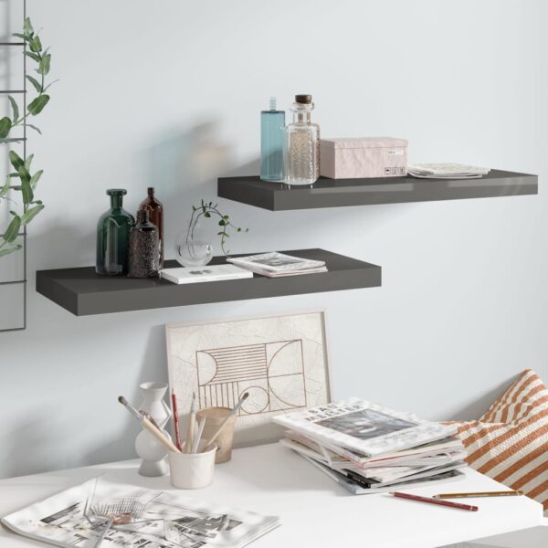 HomeDiscount-Floating Wall Shelves 2 pcs High Gloss Grey 60x23.5x3.8 cm MDF