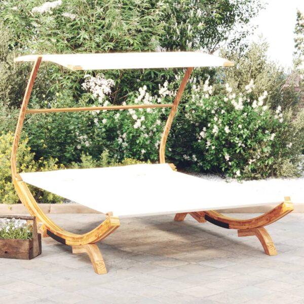 HomeDiscount-Outdoor Lounge Bed with Canopy 165x203x138 cm Solid Bent Wood Cream