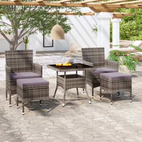 HomeDiscount-5 Piece Garden Dining Set Poly Rattan and Tempered Glass Grey