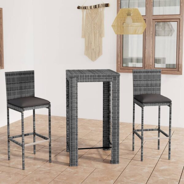 HomeDiscount-3 Piece Outdoor Bar Set with Cushions Poly Rattan Grey