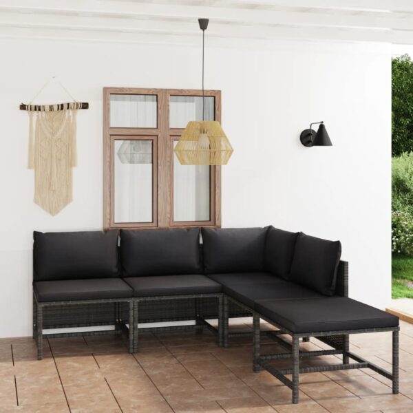 HomeDiscount-5 Piece Garden Lounge Set with Cushions Poly Rattan Grey