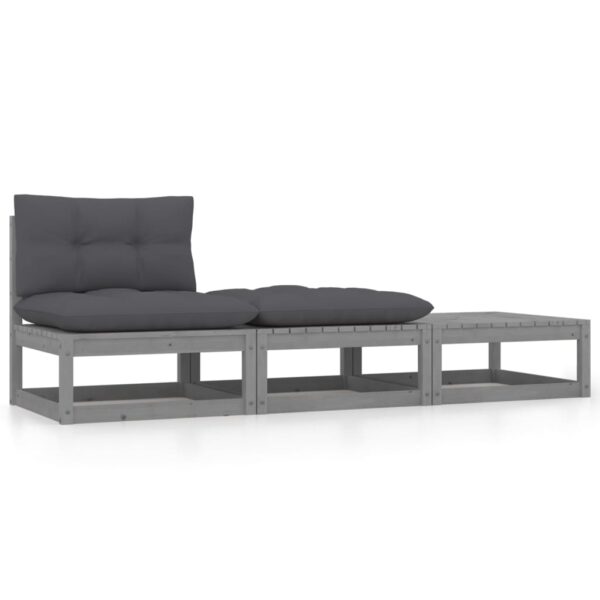 HomeDiscount-3 Piece Garden Lounge Set with Cushions Grey Solid Pinewood