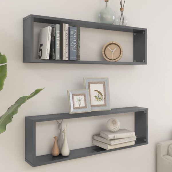 HomeDiscount-Wall Cube Shelves 2 pcs High Gloss Grey 100x15x30 cm Engineered Wood