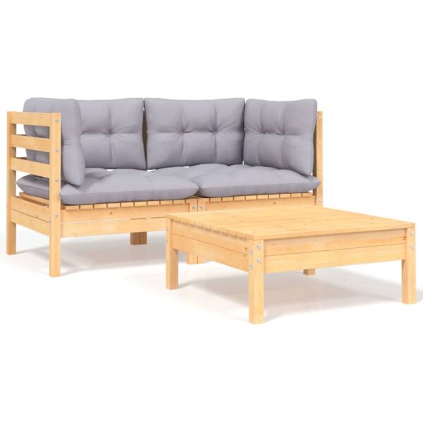 HomeDiscount-3 Piece Garden Lounge Set with Grey Cushions Solid Pinewood