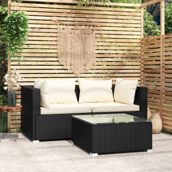 HomeDiscount-3 Piece Garden Lounge Set with Cushions Black Poly Rattan