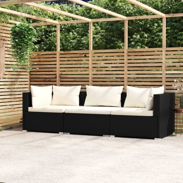 HomeDiscount-3-Seater Sofa with Cushions Black Poly Rattan