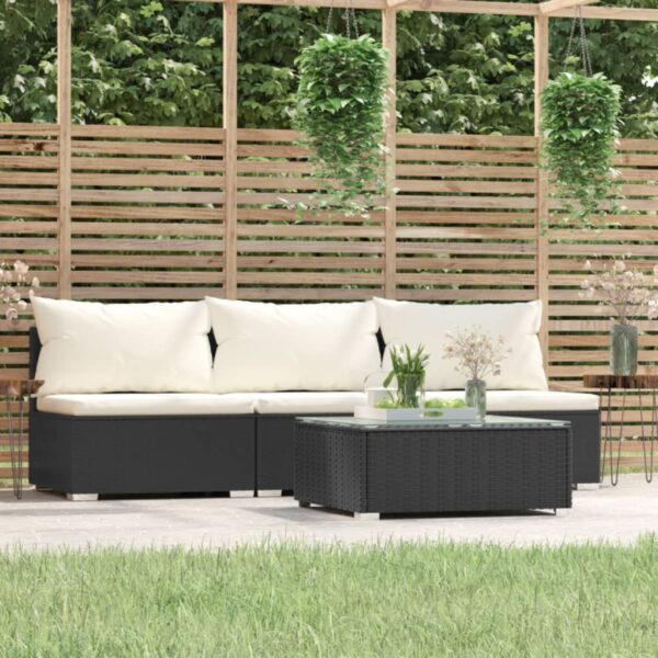 HomeDiscount-4 Piece Garden Lounge Set with Cushions Black Poly Rattan