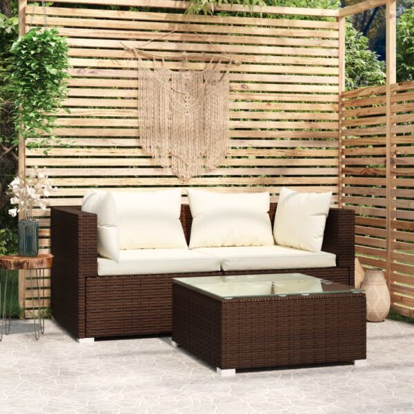 HomeDiscount-3 Piece Garden Lounge Set with Cushions Brown Poly Rattan