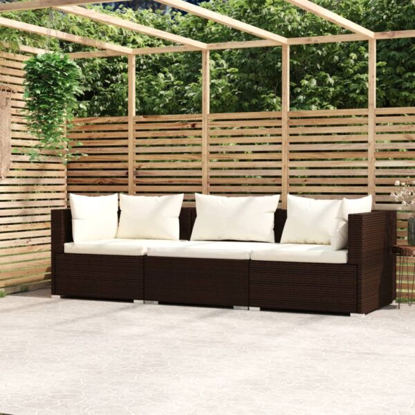 HomeDiscount-3-Seater Sofa with Cushions Brown Poly Rattan