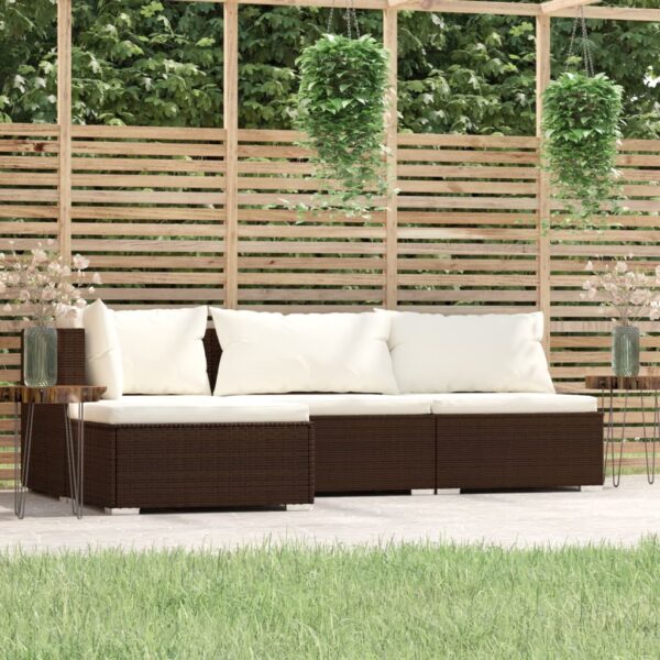 HomeDiscount-4 Piece Garden Lounge Set with Cushions Brown Poly Rattan