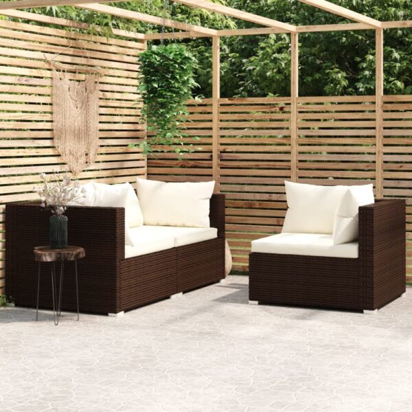 HomeDiscount-3 Piece Garden Lounge Set with Cushions Brown Poly Rattan