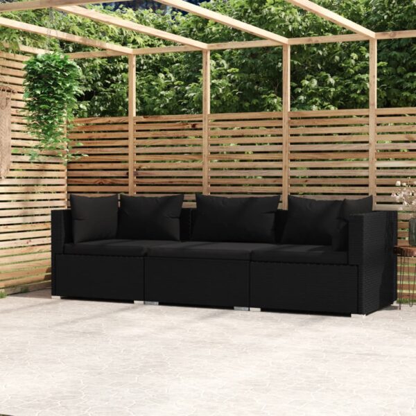 HomeDiscount-3-Seater Sofa with Cushions Black Poly Rattan