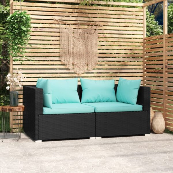 HomeDiscount-2-Seater Sofa with Cushions Black Poly Rattan