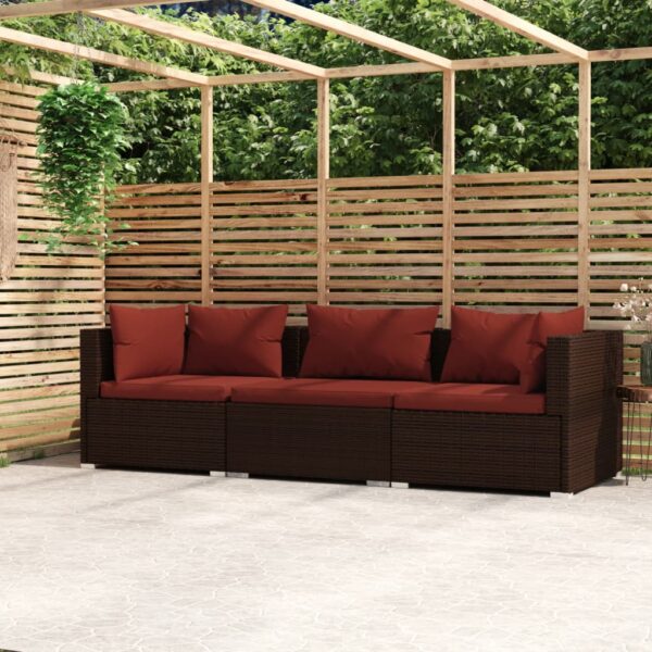 HomeDiscount-3-Seater Sofa with Cushions Brown Poly Rattan