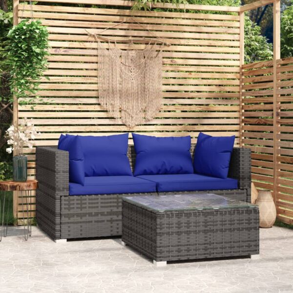 HomeDiscount-3 Piece Garden Lounge Set with Cushions Grey Poly Rattan