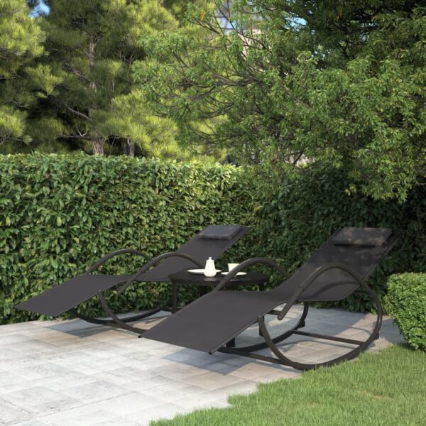 HomeDiscount-Rocking Sun Loungers 2 pcs Black Steel and Textilene