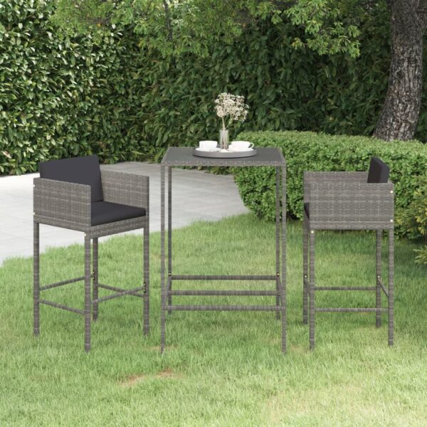 HomeDiscount-3 Piece Garden Bar Set with Cushions Poly Rattan Grey