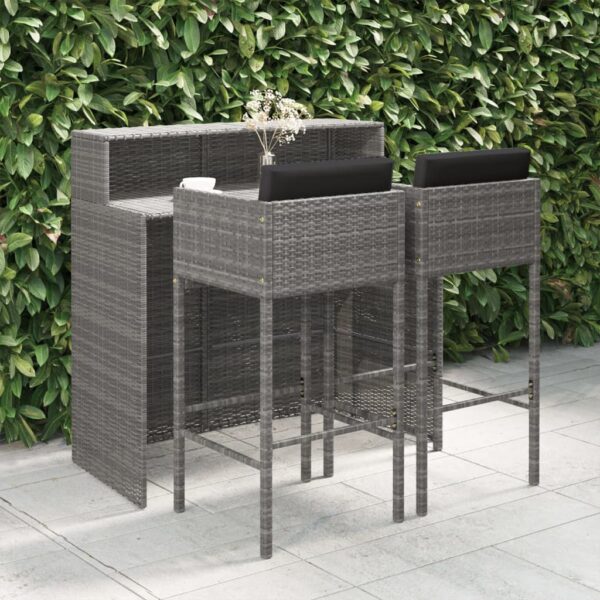 HomeDiscount-3 Piece Garden Bar Set with Cushions Poly Rattan Grey