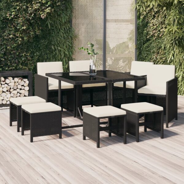 HomeDiscount-9 Piece Garden Dining Set with Cushions Poly Rattan Black