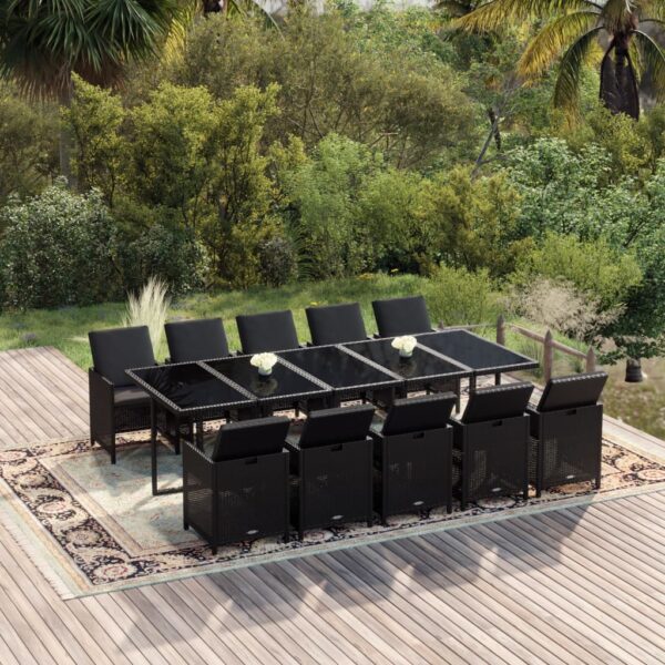 HomeDiscount-11 Piece Garden Dining Set with Cushions Poly Rattan Black