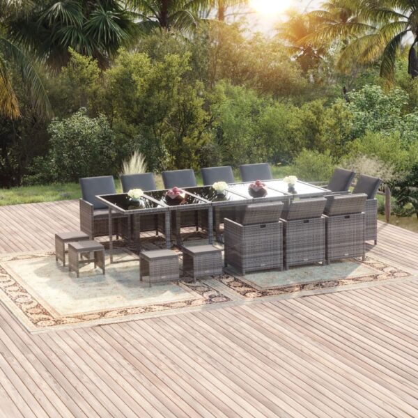 HomeDiscount-15 Piece Garden Dining Set with Cushions Poly Rattan Grey