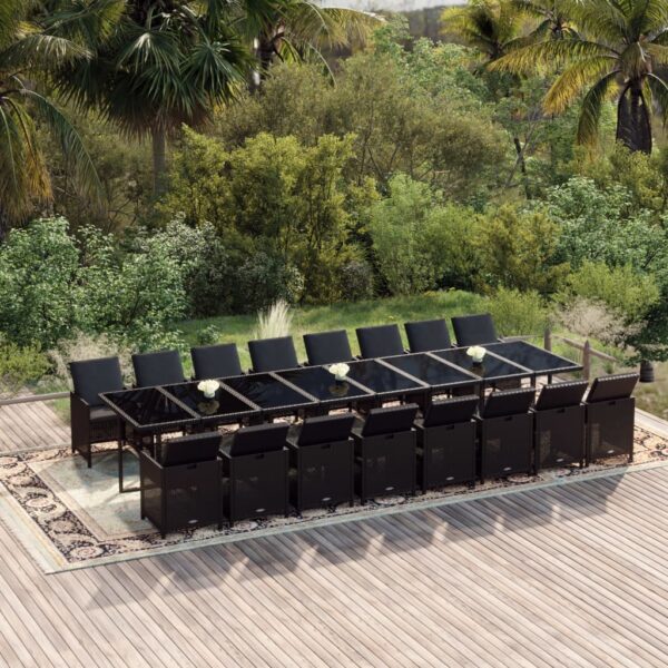 HomeDiscount-17 Piece Garden Dining Set with Cushions Black Poly Rattan