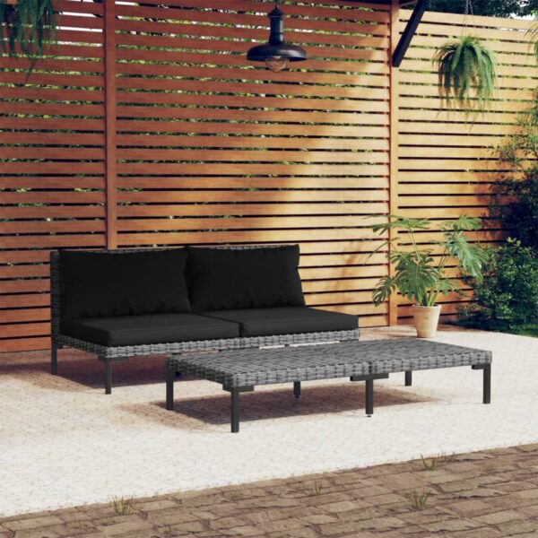 HomeDiscount-3 Piece Garden Lounge Set Dark Grey Half Round Poly Rattan