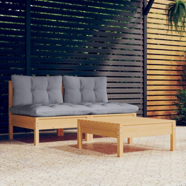 HomeDiscount-3 Piece Garden Lounge Set with Grey Cushions Pinewood