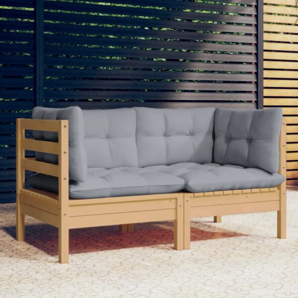 HomeDiscount-2-Seater Garden Sofa with Grey Cushions Solid Wood Pine