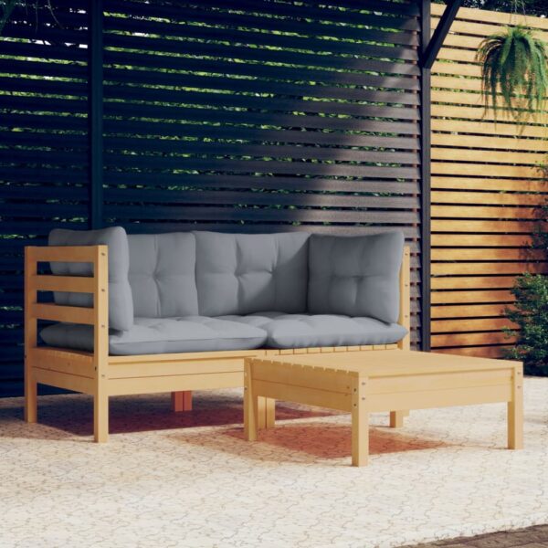 HomeDiscount-3 Piece Garden Lounge Set with Grey Cushions Pinewood