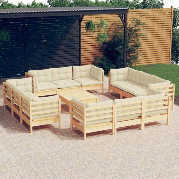 HomeDiscount-13 Piece Garden Lounge Set with Cream Cushions Pinewood